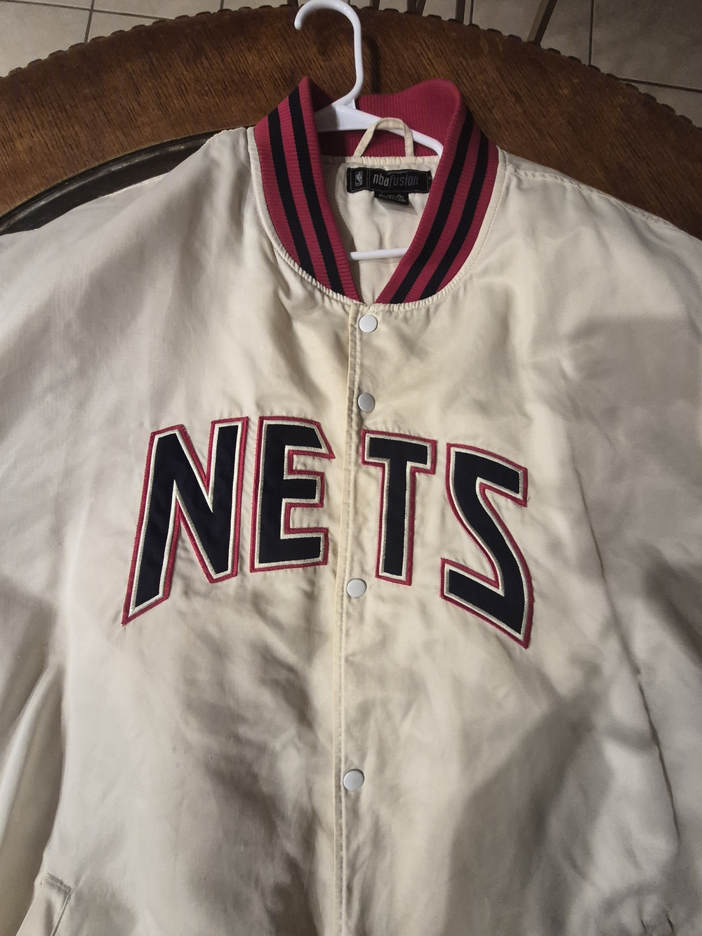 NBA Cream Varsity Jacket with Navy and Red Trim